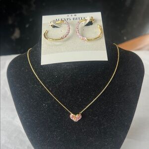 Alexis Bittar Gold and Pink Hoop Earrings & Necklace Set